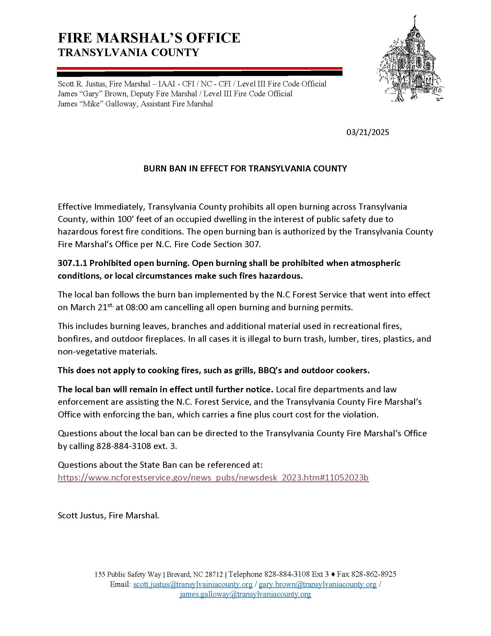 Press Release Burn Ban in Effect for Transylvania County